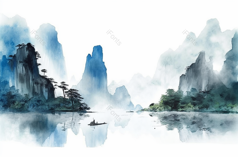 中式蓝色水墨风格山水画云雾山峰树木和水面上的行舟倒影,插画/手绘图,插画/手绘图库,插画/手绘图下载,插画/手绘